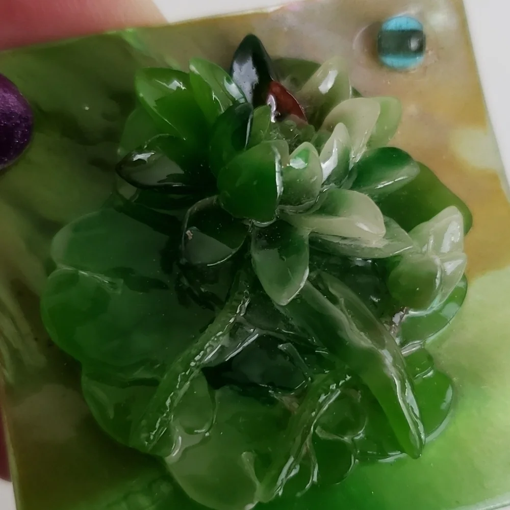Vintage Brooch Green Floral On Mother of Pearl Look Square/ Diamond Shape